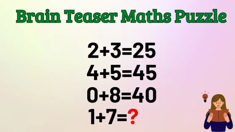 Brain Teaser Maths Puzzle: 2+3=25, 4+5=45, 0+8=40, 1+7=?
