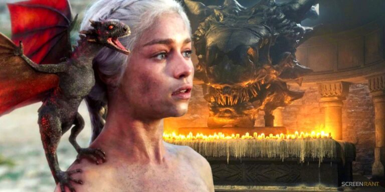 Daenerys and Drogon in Game of Thrones and Balerion skull in House of the Dragon