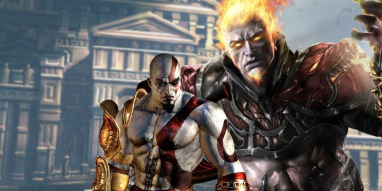 Kratos and Aries from the original God of War games stand next to one another before a great city.